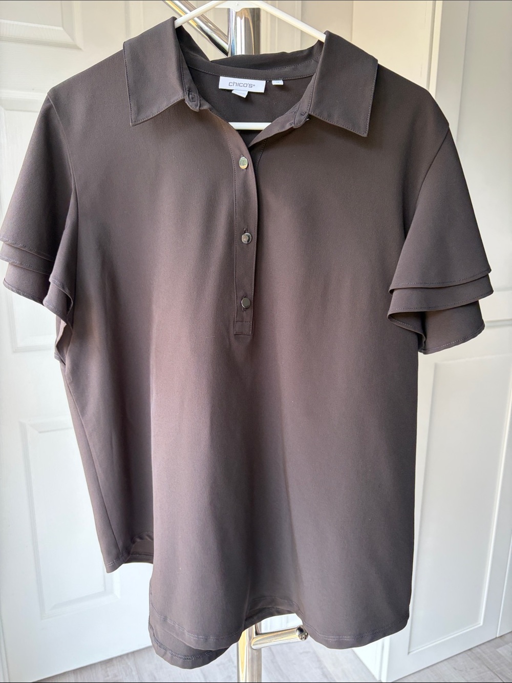 Chico's Black Short Ruffle Sleeve Blouse, Size L.